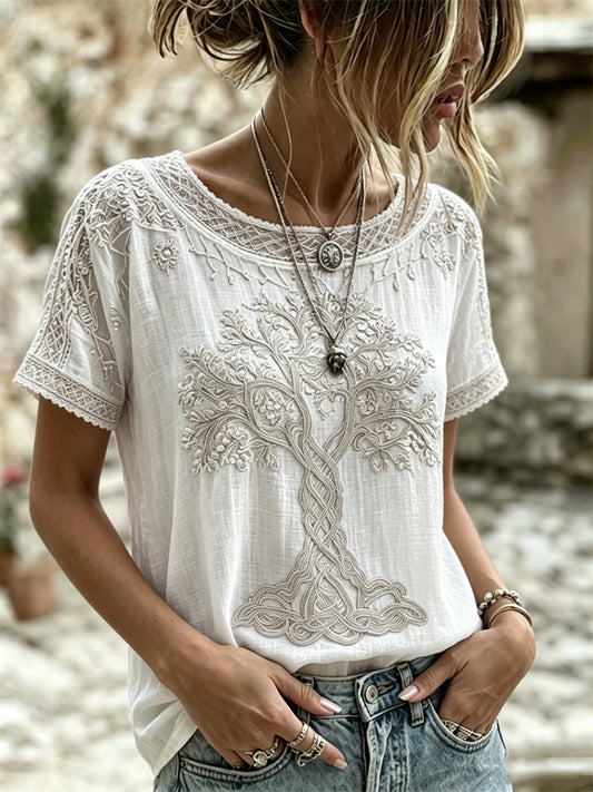 T-shirt femme viking à manches courtes en lin, motif d’art celtique de l’Arbre de Vie