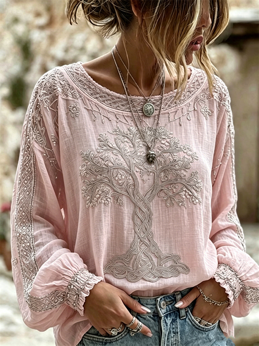 Chemise Femme Vintage Viking Arbre de Vie Imprimé Coton-Lin
