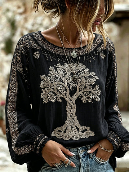 Chemise Femme Vintage Viking Arbre de Vie Imprimé Coton-Lin