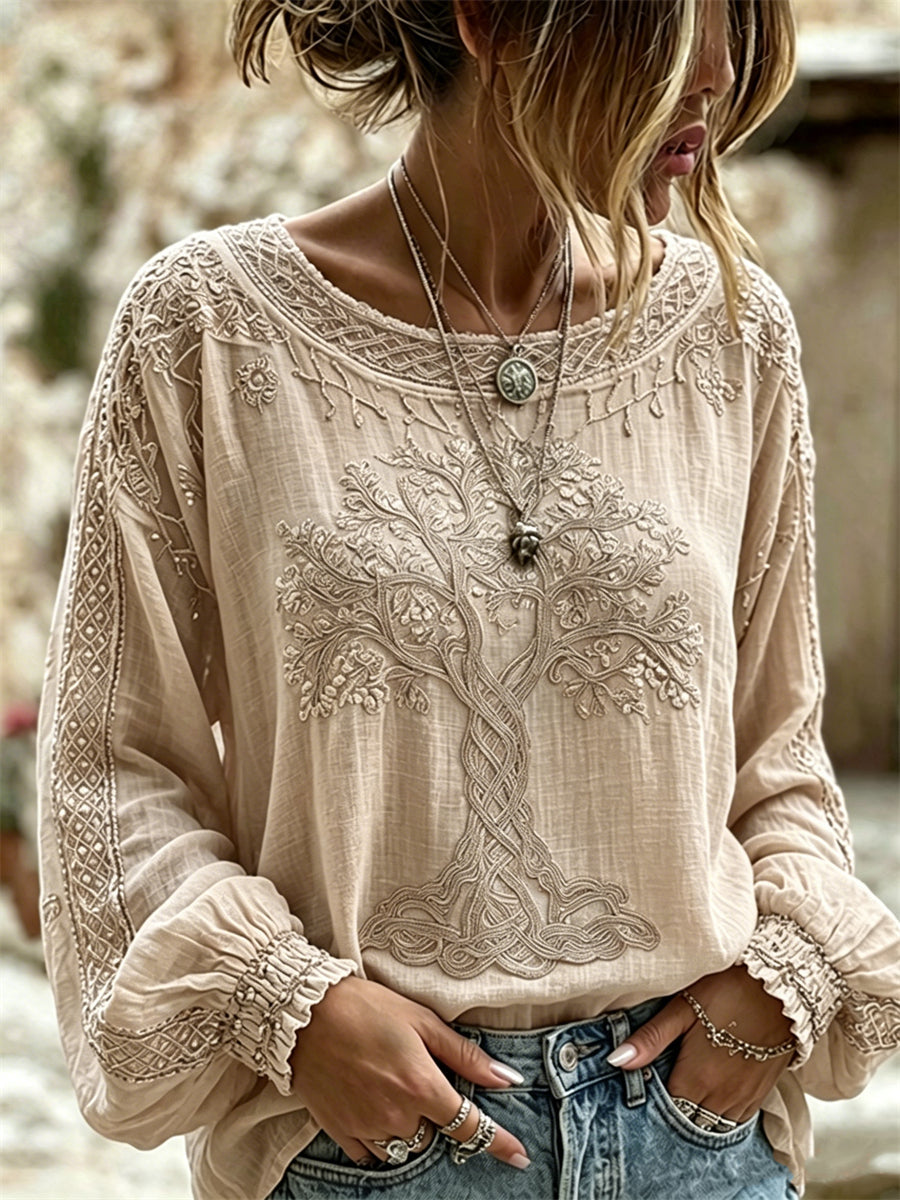 Chemise Femme Vintage Viking Arbre de Vie Imprimé Coton-Lin