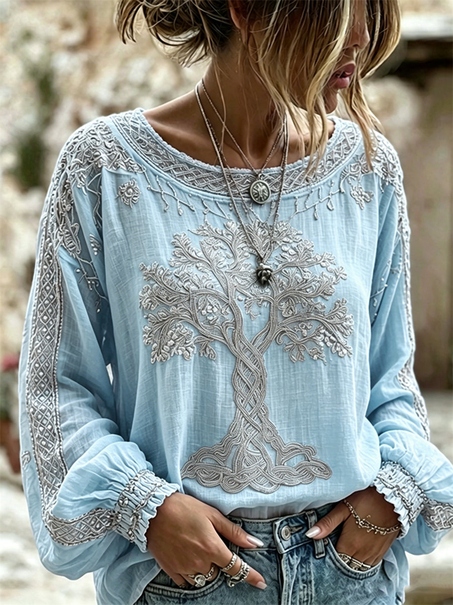 Chemise Femme Vintage Viking Arbre de Vie Imprimé Coton-Lin