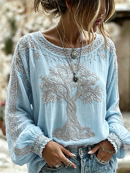 Chemise Femme Vintage Viking Arbre de Vie Imprimé Coton-Lin