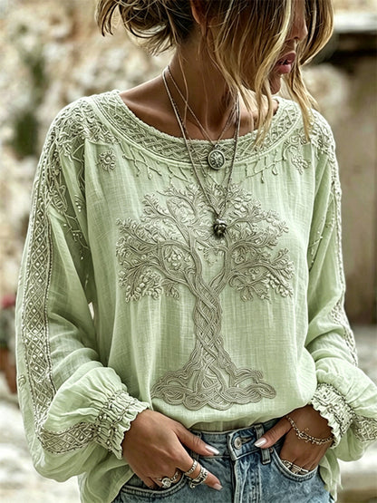 Chemise Femme Vintage Viking Arbre de Vie Imprimé Coton-Lin