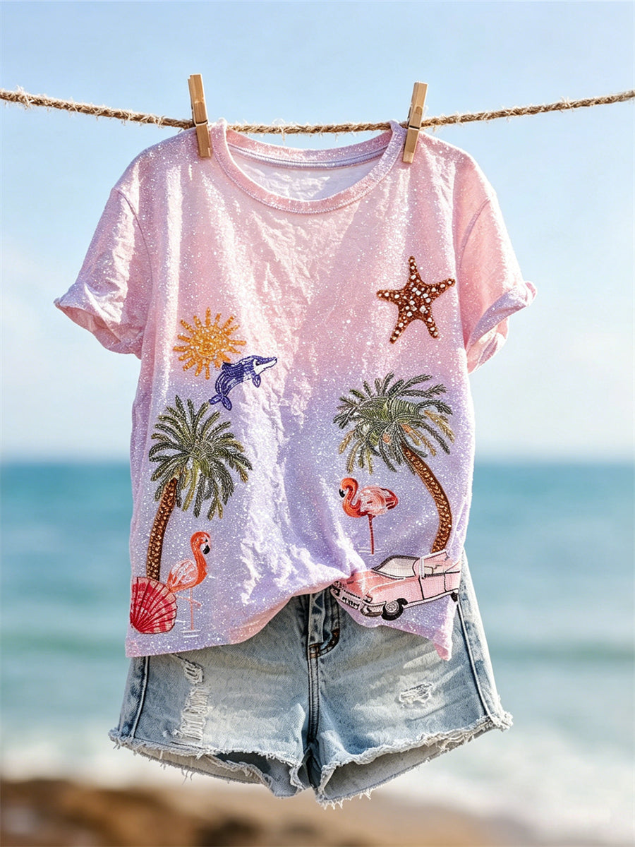 T-shirt à manches courtes à imprimé dégradé paillettes éléments de vacances balnéaires pour femmes