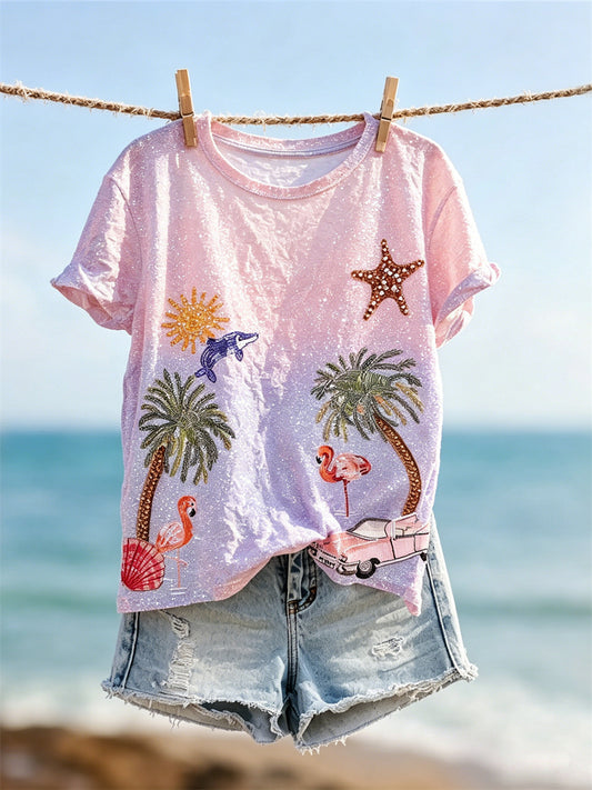 T-shirt à manches courtes à imprimé dégradé paillettes éléments de vacances balnéaires pour femmes