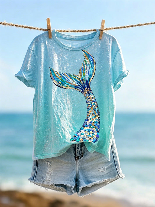 Sirène Queue Glitter Art Print Gradient T-shirt à manches courtes pour femmes