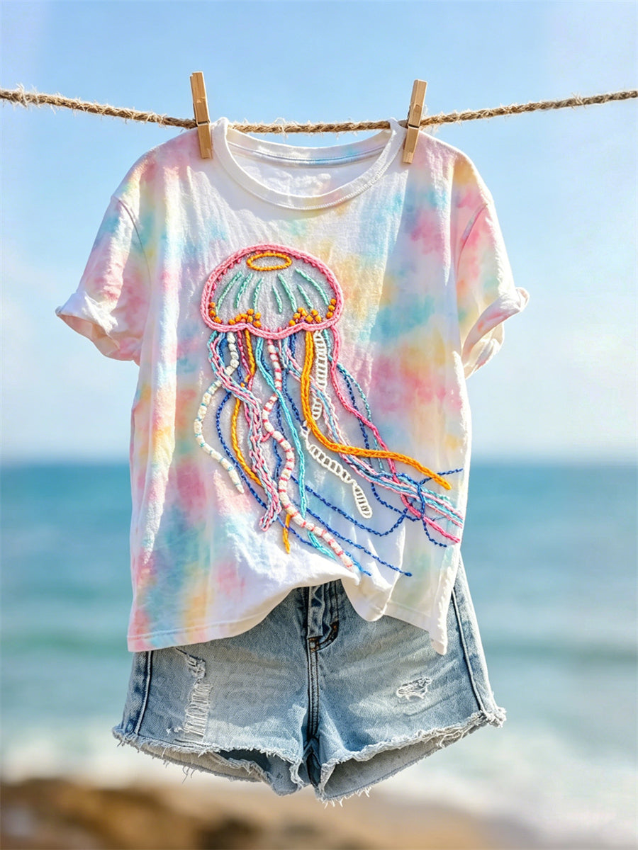 T-shirt à manches courtes pour femme Jellyfish Art Colorful Tie Dye Print