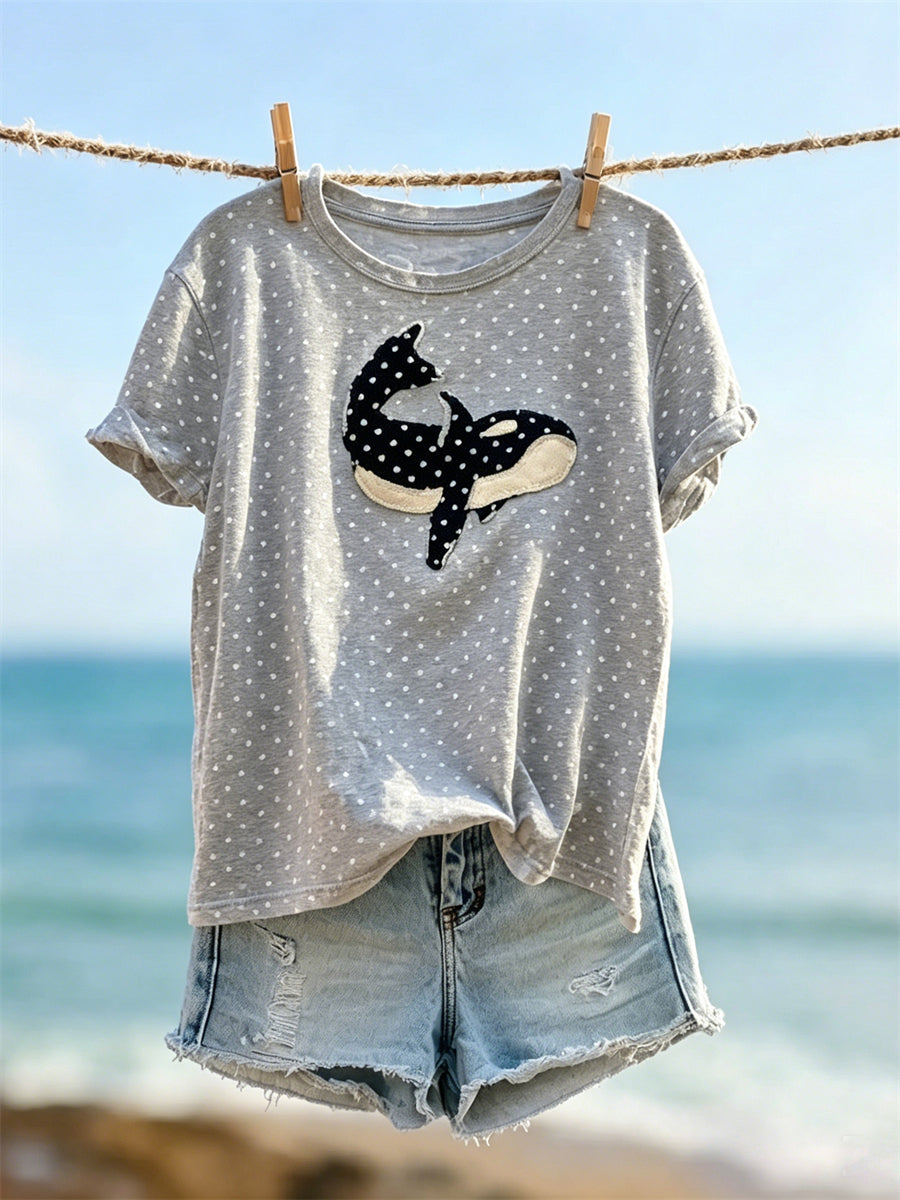 T-shirt à manches courtes Lovely Whale Print Polka Dots pour femmes