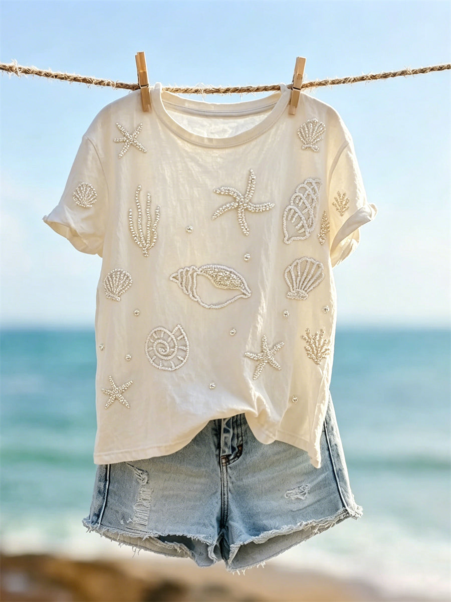 T-shirt Femme Classy Starfish & Seashells Pearls Art Print à manches courtes