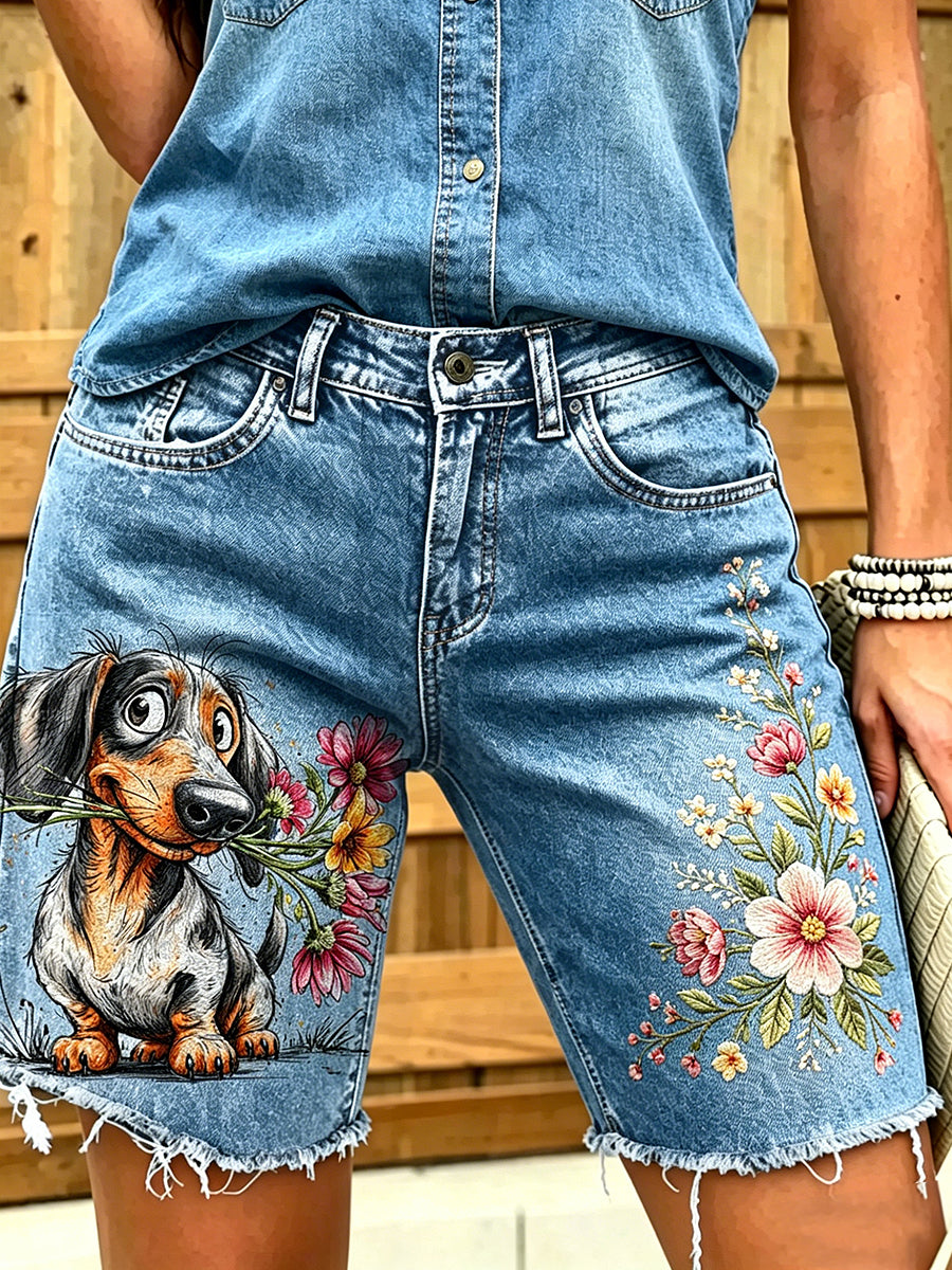 Jean court imprimé à motifs animaliers pour femme