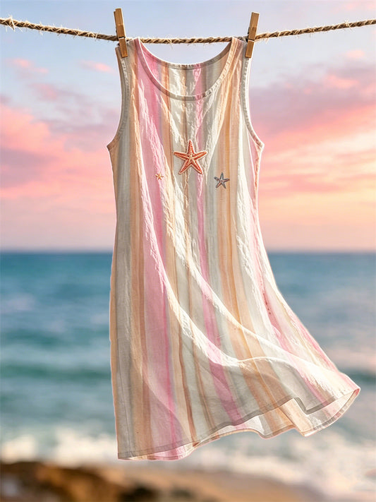 Robe débardeur pour femme à imprimé rayé dégradé coucher de soleil sur la plage et étoiles de mer