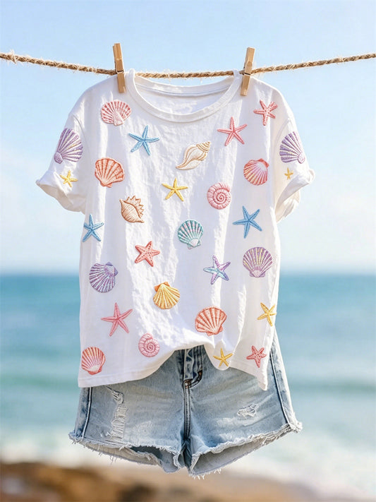 T-shirt à manches courtes pour femme, imprimé d’étoiles de mer et de coquillages colorés