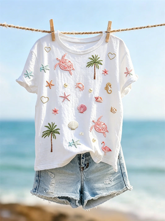 T-shirt à manches courtes pour femmes, motif imprimé aux motifs de vacances et de plage