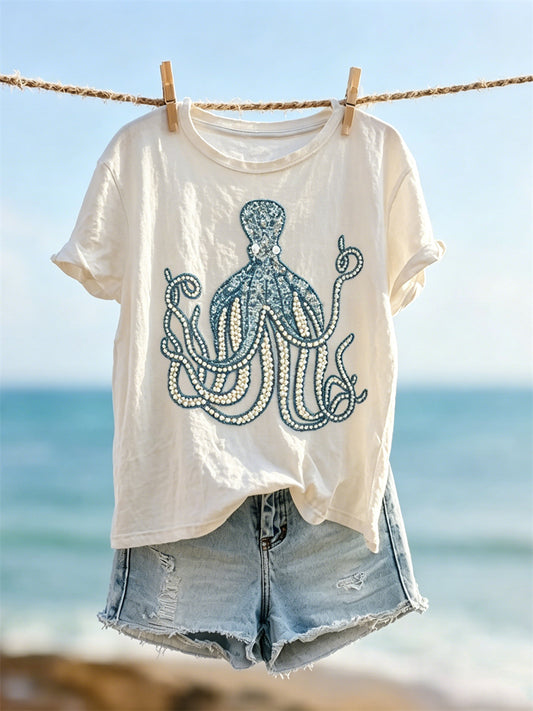 T-shirt à manches courtes pour femmes, motif artistique en perles représentant une pieuvre, imprimé