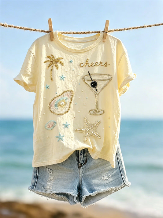 T-shirt à manches courtes pour femmes, motif inspiré des vacances à la plage, avec imprimé joyeux