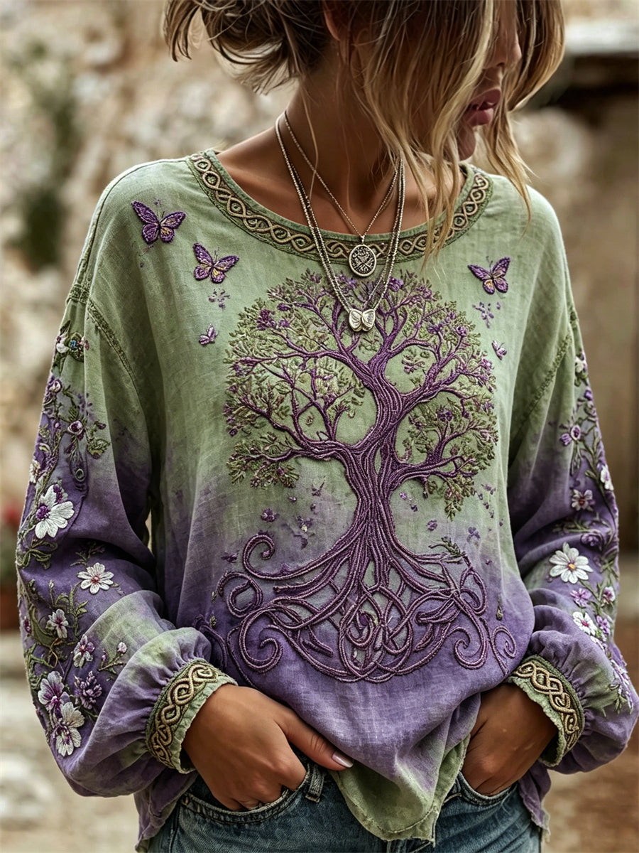 Chemise Femme Viking Tree of Life Papillons Imprimé Floral Dégradé Coton-Lin