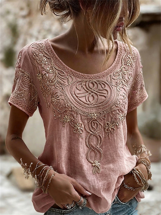 T-shirt à manches courtes en lin Vintage Viking Celtic Knot & Floral Print pour femme