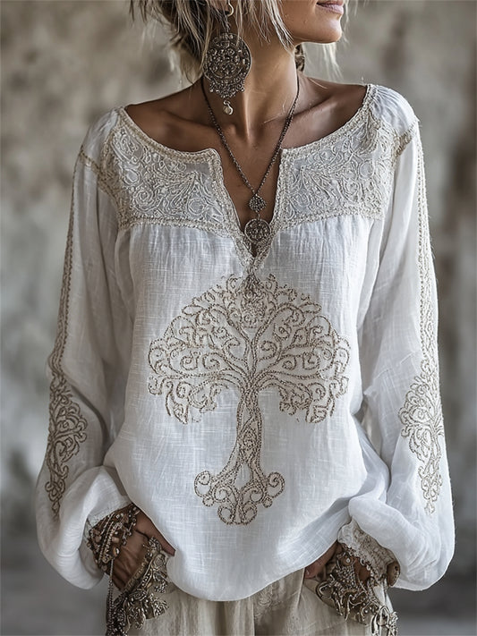 Chemise Femme Vintage Arbre de Vie Imprimé Col Cranté Coton-Lin