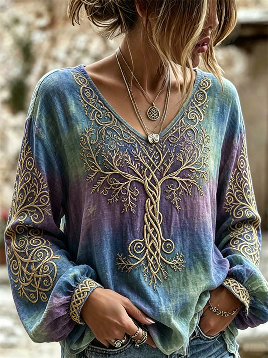 Vintage Viking arbre de vie celtique imprimé coloré teint coton-lin chemise femme