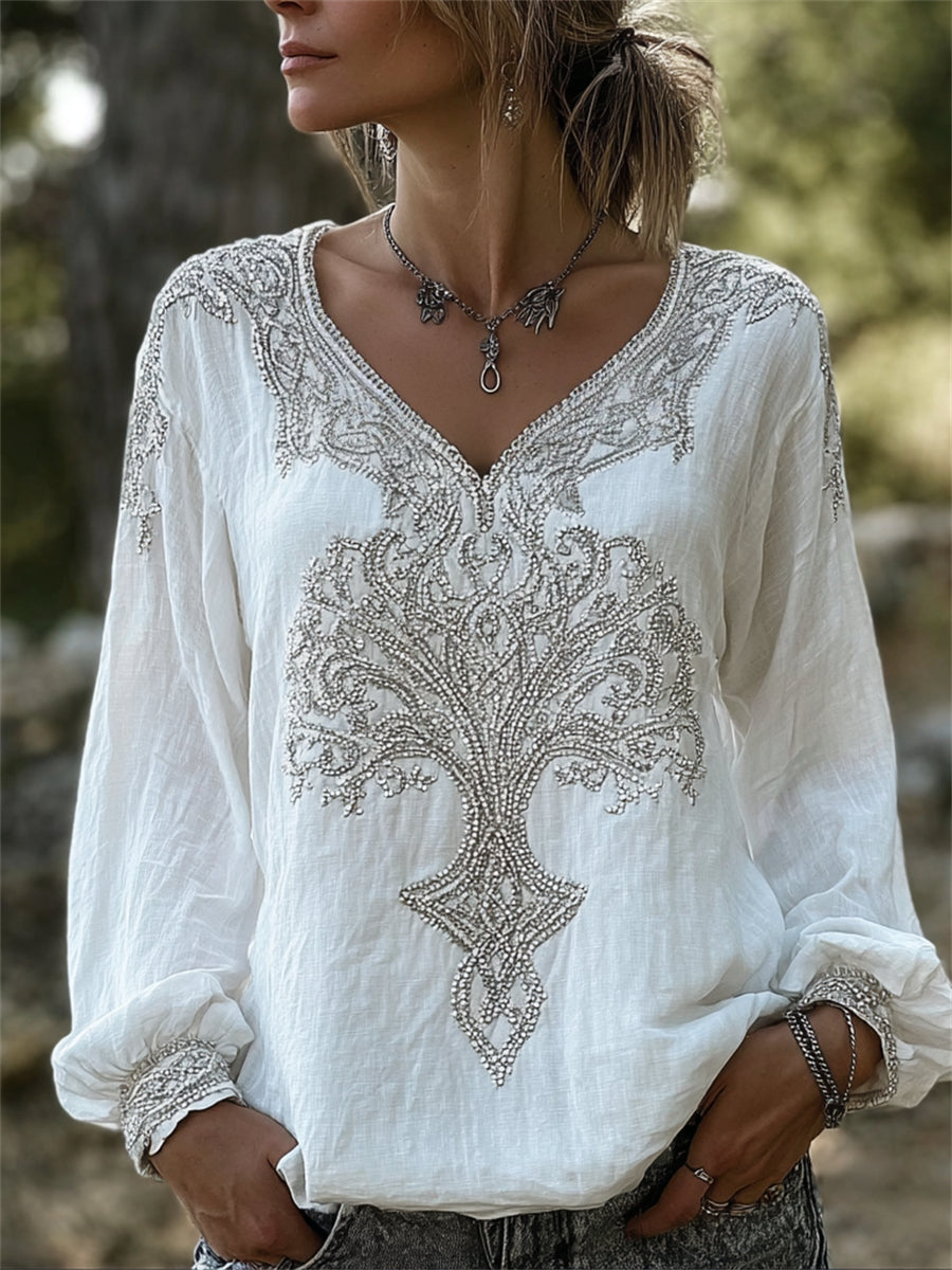 Chemise en coton et lin à imprimé celtique Viking Tree of Life Vintage pour femme