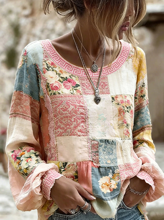 Haut décontracté pour femme, style vintage, en coton et lin, orné de broderies florales et d’un patchwork imprimé