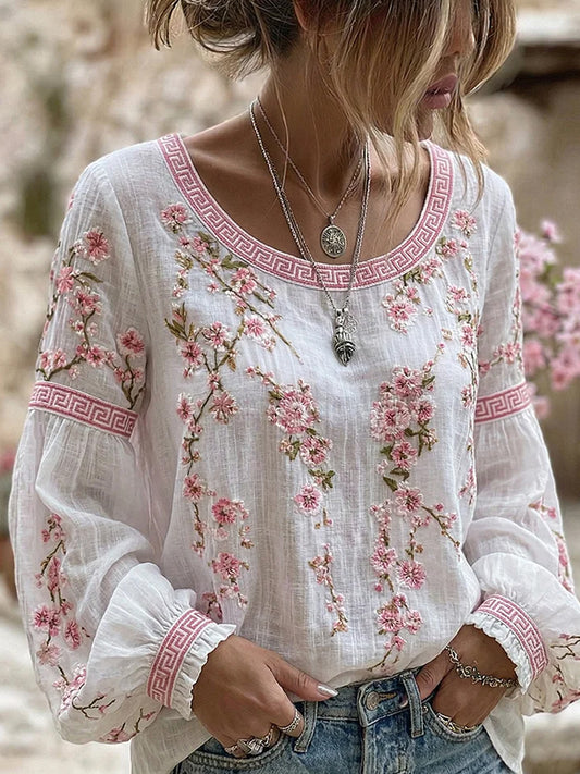 Top Femme Style Vintage Décontracté Coton-Lin avec Patchwork Brodé Floral et Imprimé