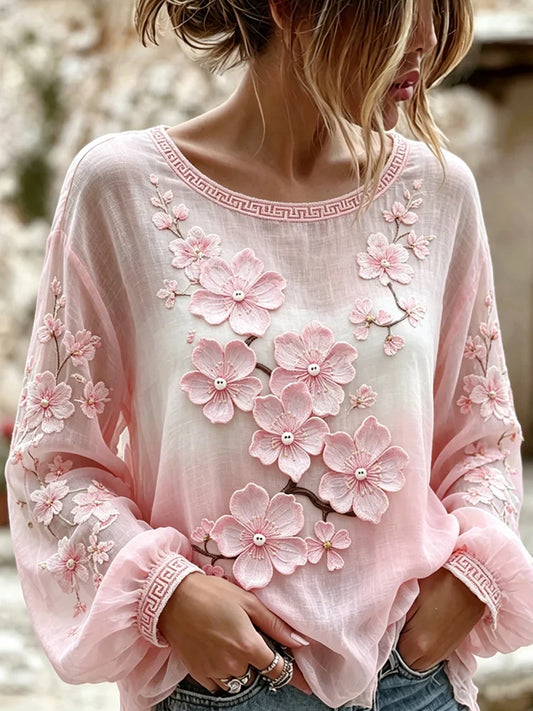 Haut décontracté pour femme, style vintage, en coton et lin, orné de broderies florales et d’un patchwork imprimé