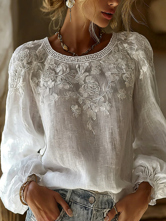 Haut décontracté pour femme, style vintage, en coton et lin, orné de broderies florales et d’un patchwork imprimé