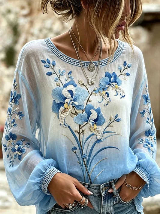Haut décontracté pour femme, style vintage, en coton et lin, orné de broderies florales et d’un patchwork imprimé