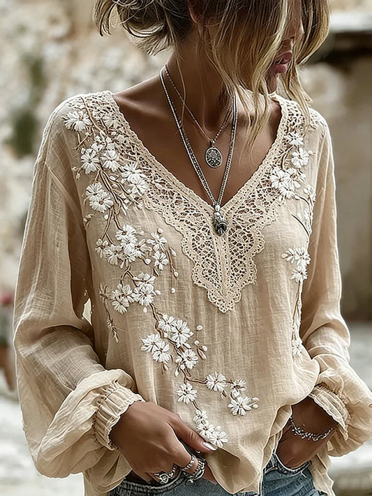 Haut décontracté pour femme, style vintage, en coton et lin, orné de broderies florales et d’un patchwork imprimé