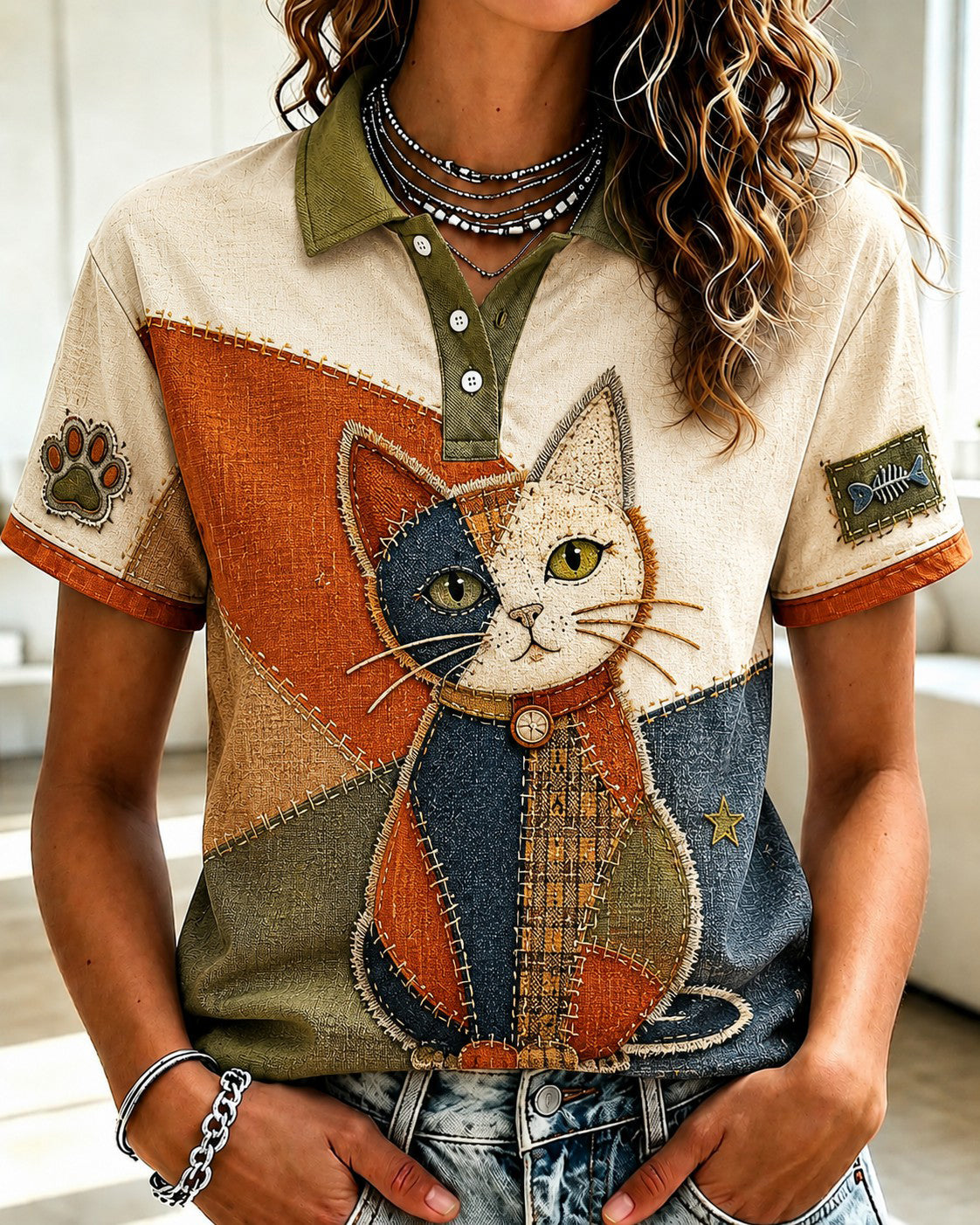 Chemise imprimée pour femmes, motifs amoureux des chats