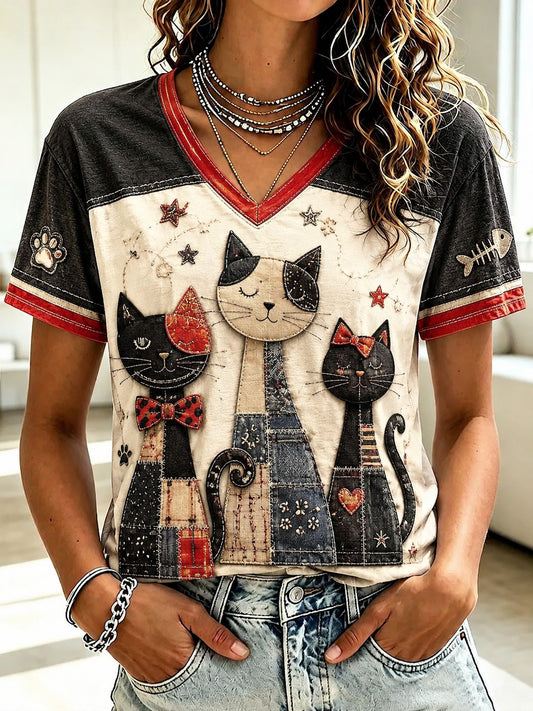 T-shirt à col en V imprimé Cat Lovers Femme