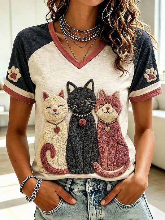 T-shirt à col en V imprimé pour femmes, motifs amoureux des chats