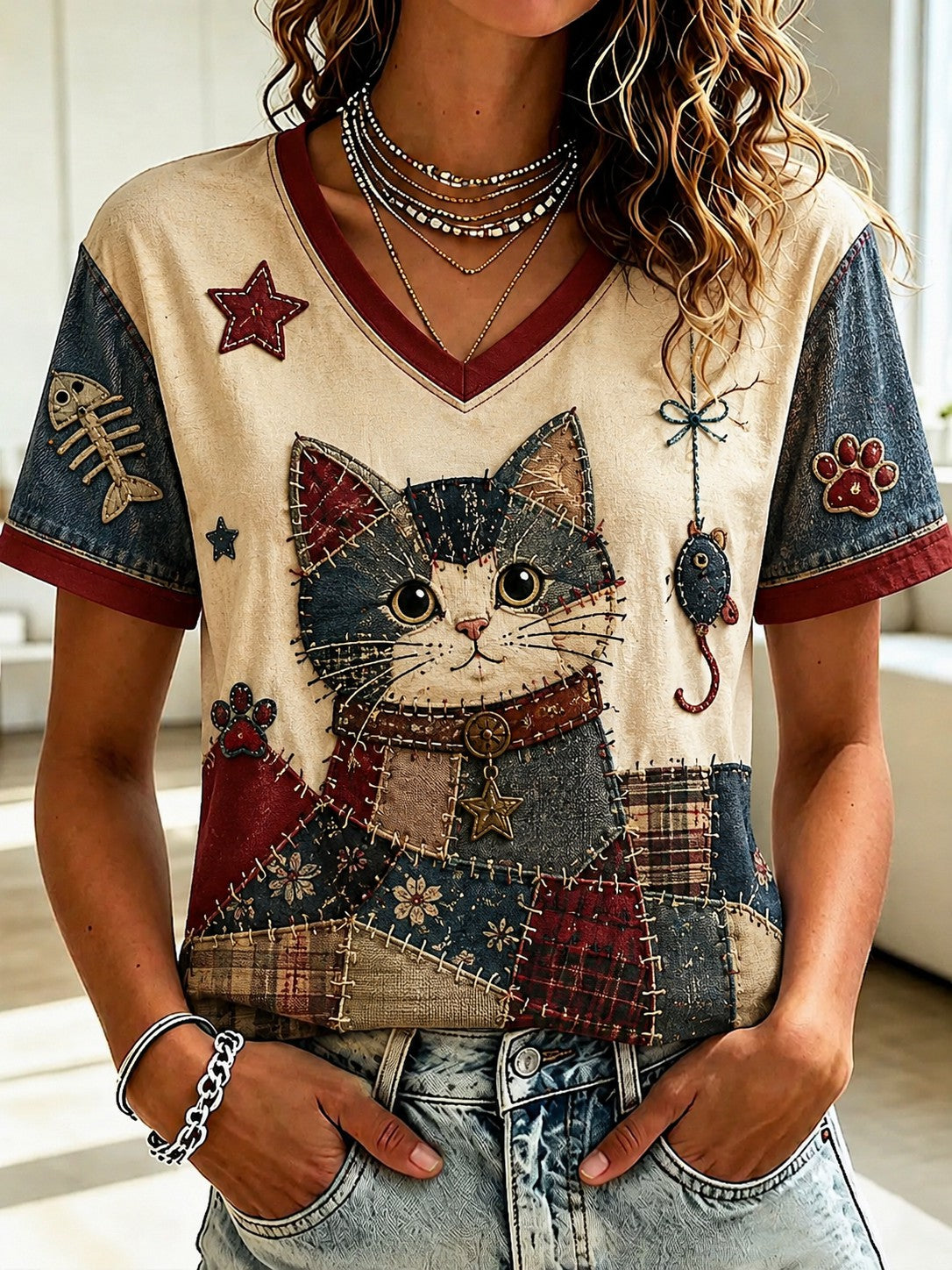 T-shirt à col en V imprimé pour femmes, motifs amoureux des chats