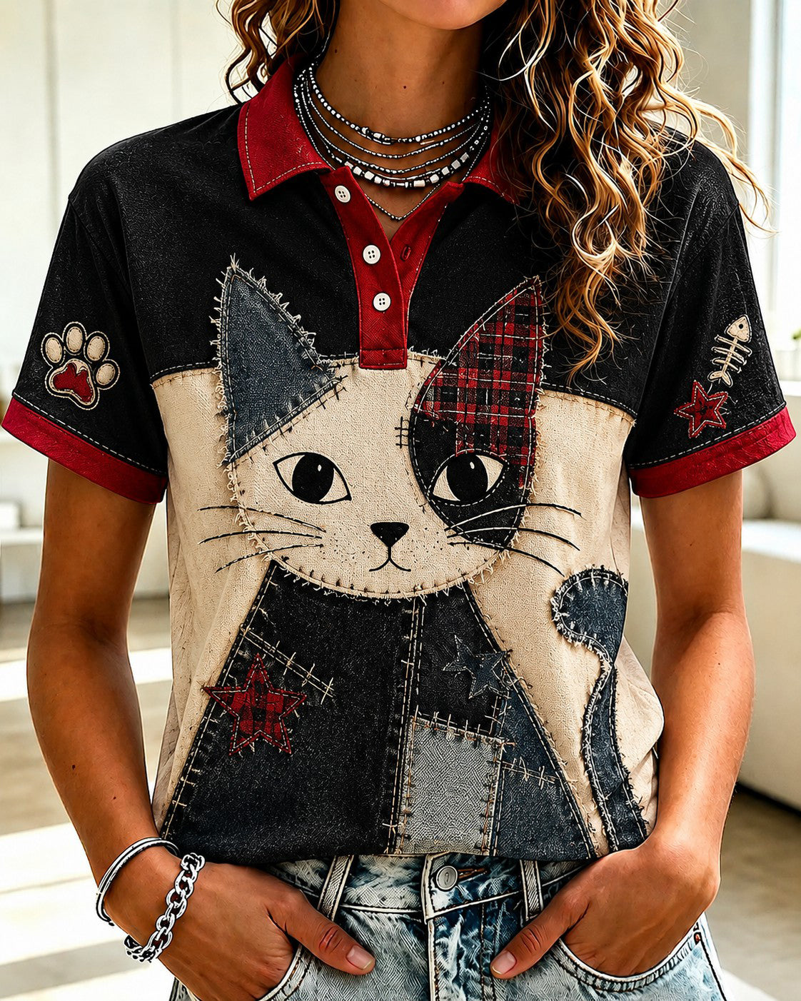 Chemise imprimée pour femmes, motifs amoureux des chats