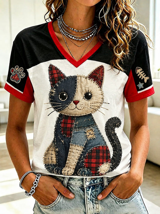 T-shirt à col en V imprimé pour femmes, motifs amoureux des chats