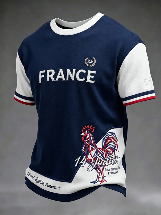 T-shirt décontracté rétro pour hommes, patchwork aux couleurs de la fête nationale française