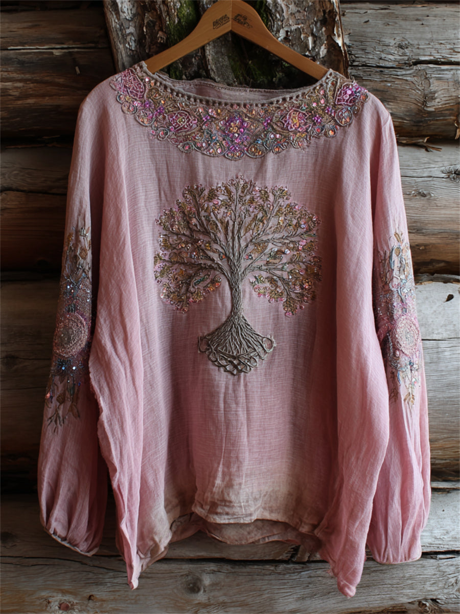 Vintage Boho Viking arbre de vie Art Print coton-lin chemise des femmes
