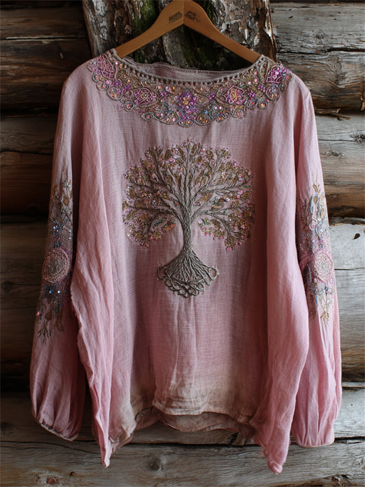 Vintage Boho Viking arbre de vie Art Print coton-lin chemise des femmes