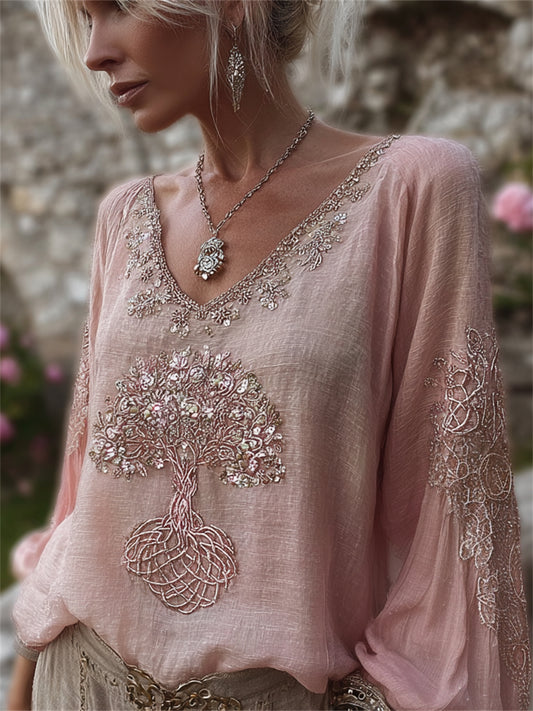 Chemise Femme Vintage Classique Rose Arbre de Vie Viking Imprimé Coton-Lin