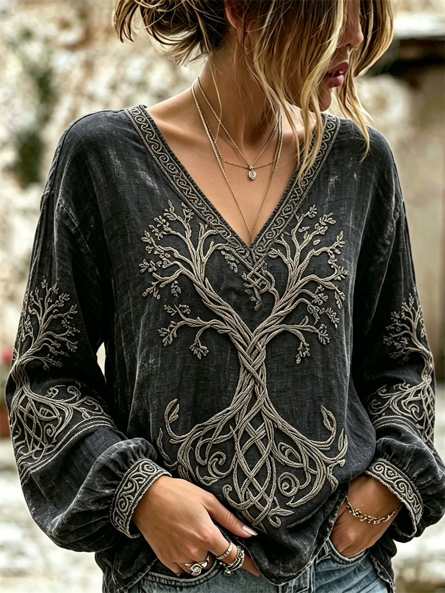 Chemise vintage pour femme en coton-lin, motif viking et arbre de vie celtique