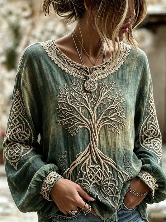 Chemise en coton-lin délavé à imprimé noeud celtique Vintage Viking Tree of Life pour femme