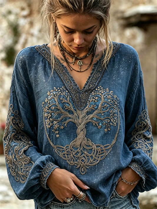 Chemise femme élégante en coton-lin, motif celte scintillant de l’arbre de vie viking