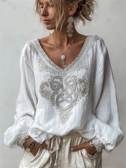 Chemise Femme Classy Viking Celtic Knot Argent Imprimé Coton-Lin