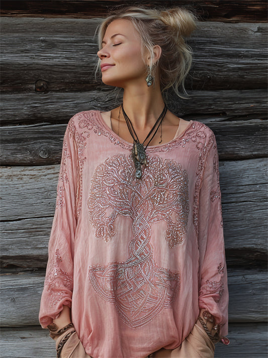 Chemise en coton-lin confortable à imprimé viking arbre de vie vintage pour femme
