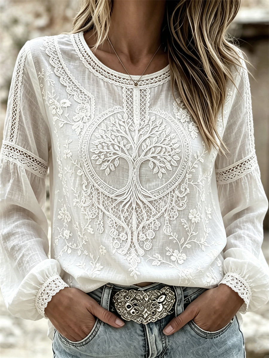 Chemise femme viking en coton-lin, élégante, à imprimé floral représentant l’arbre de vie