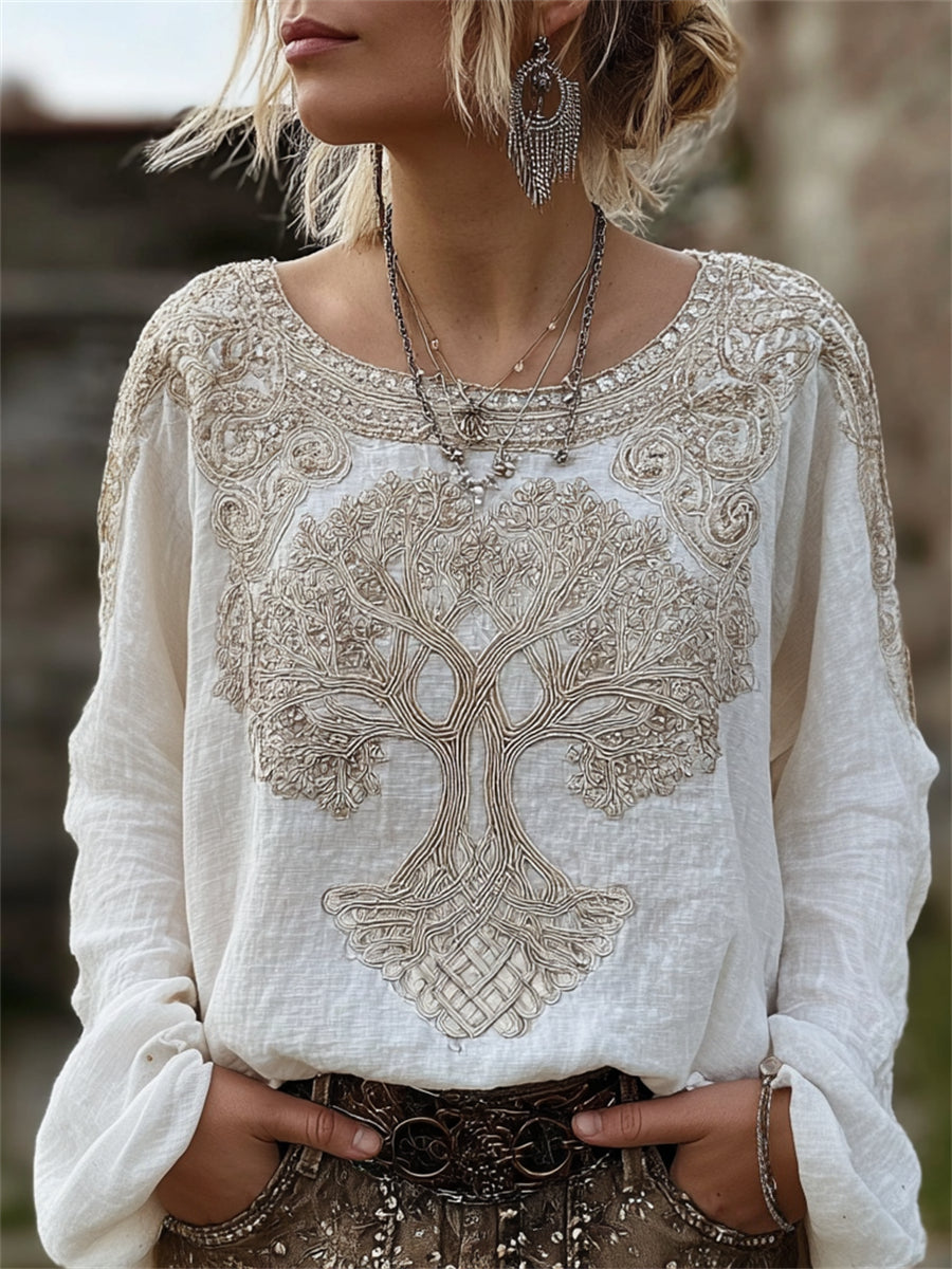 Chemise Femme Vintage Viking arbre de Vie Celtique Noeud Imprimé Coton-Lin