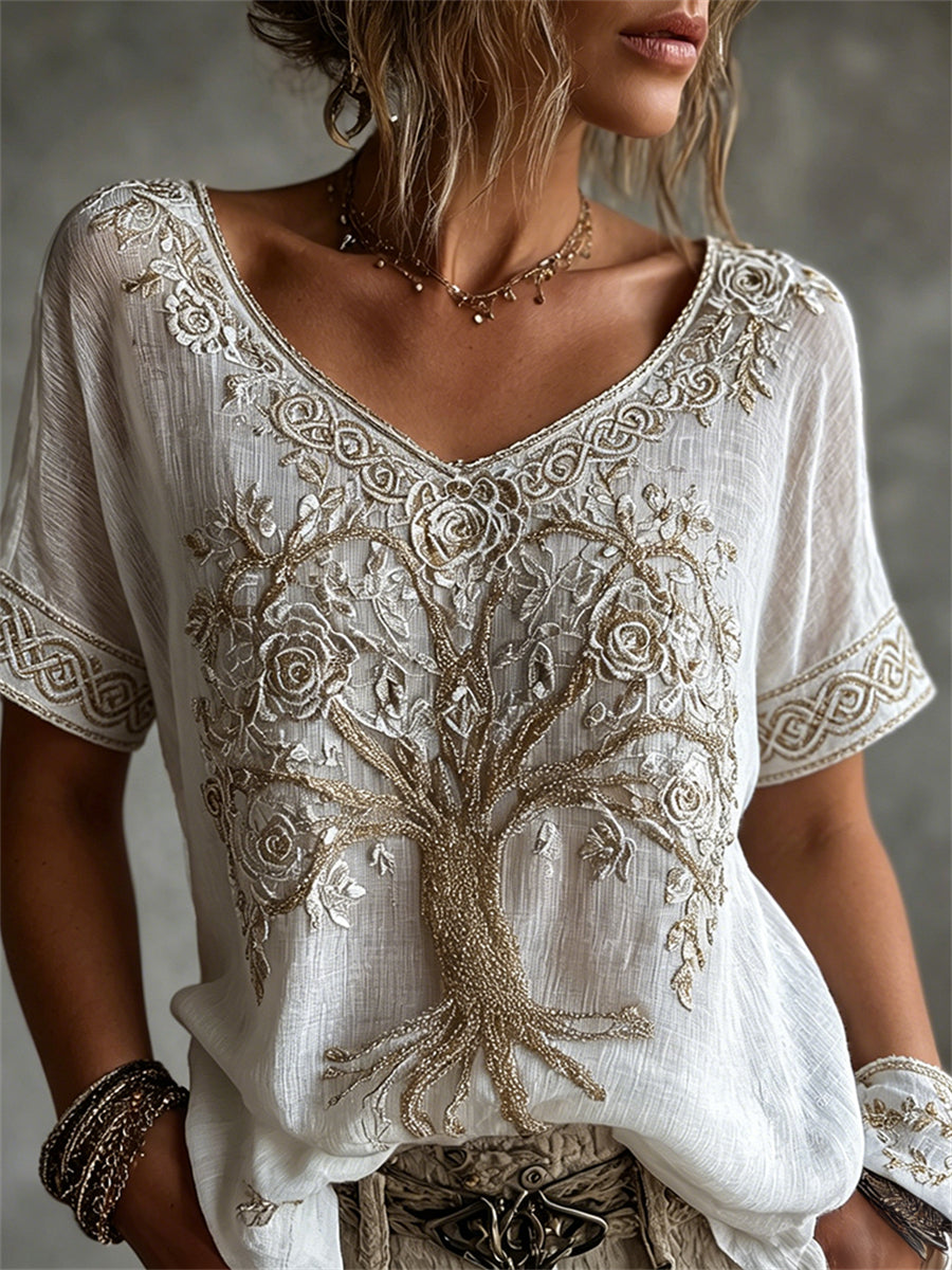 T-shirt vintage pour femme à manches courtes en lin, motif viking de l’Arbre de Vie aux roses et motifs celtiques