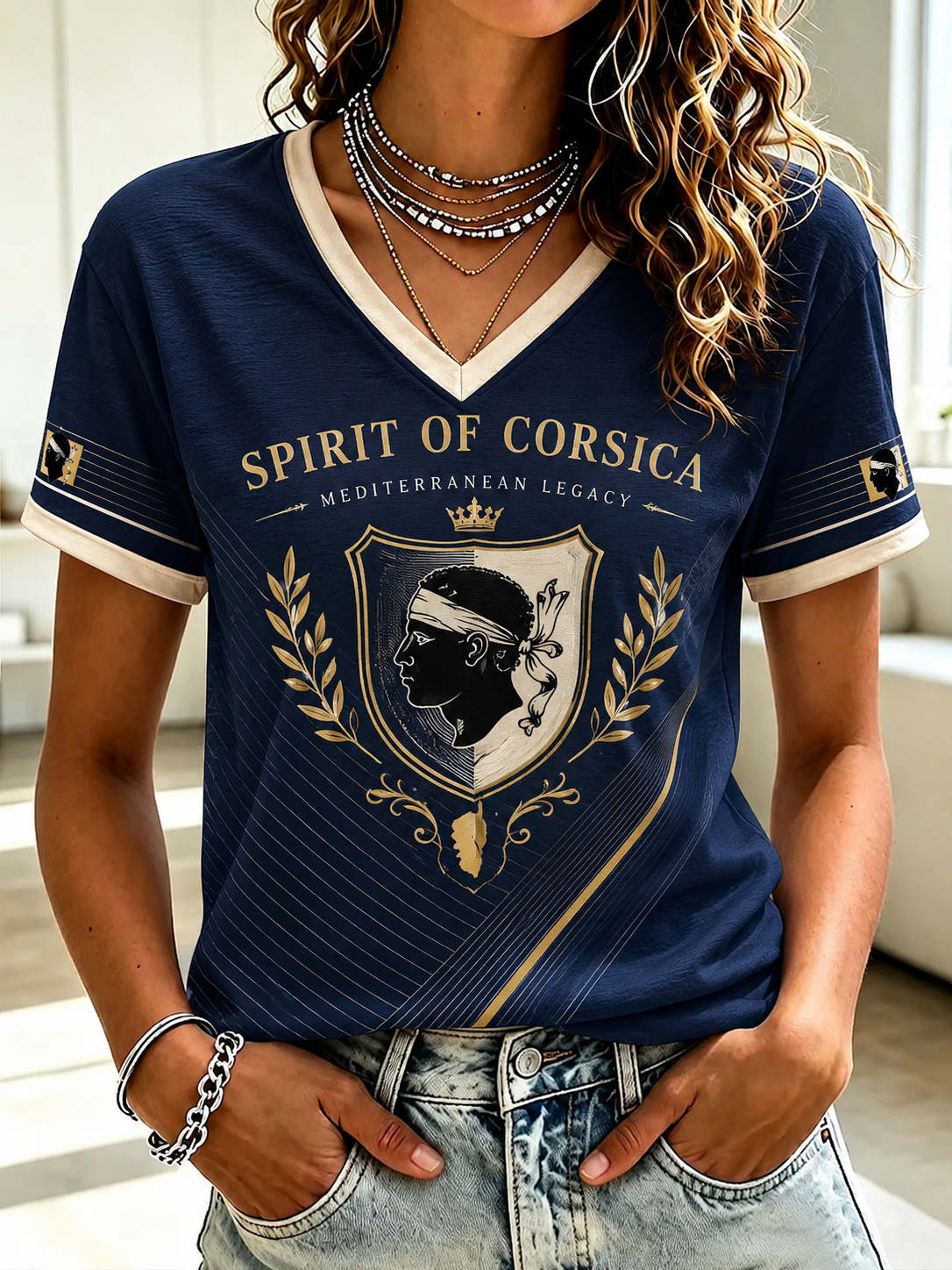 T-shirt à col en V imprimé du drapeau français de Corse pour femme