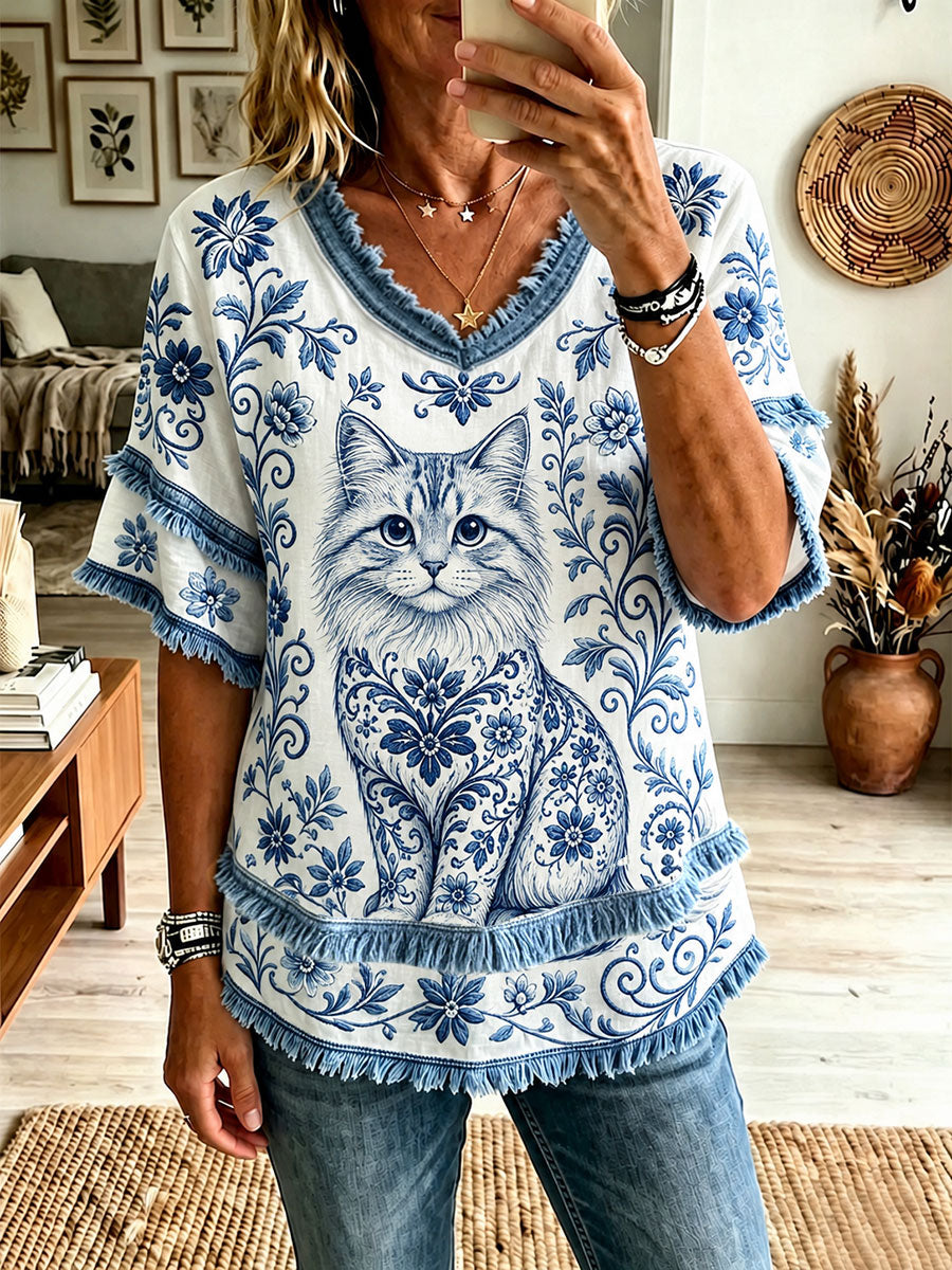 Femmes Chat Floral V-Neck Tops